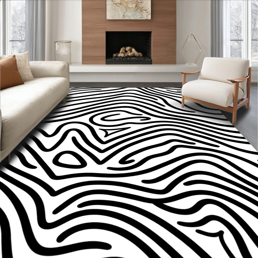 Black White Organic Contour Lines Rug