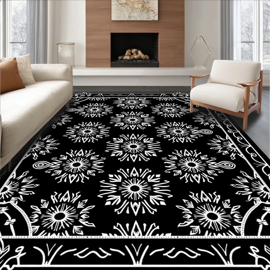 Black White Sunburst Mandala Frame Rug