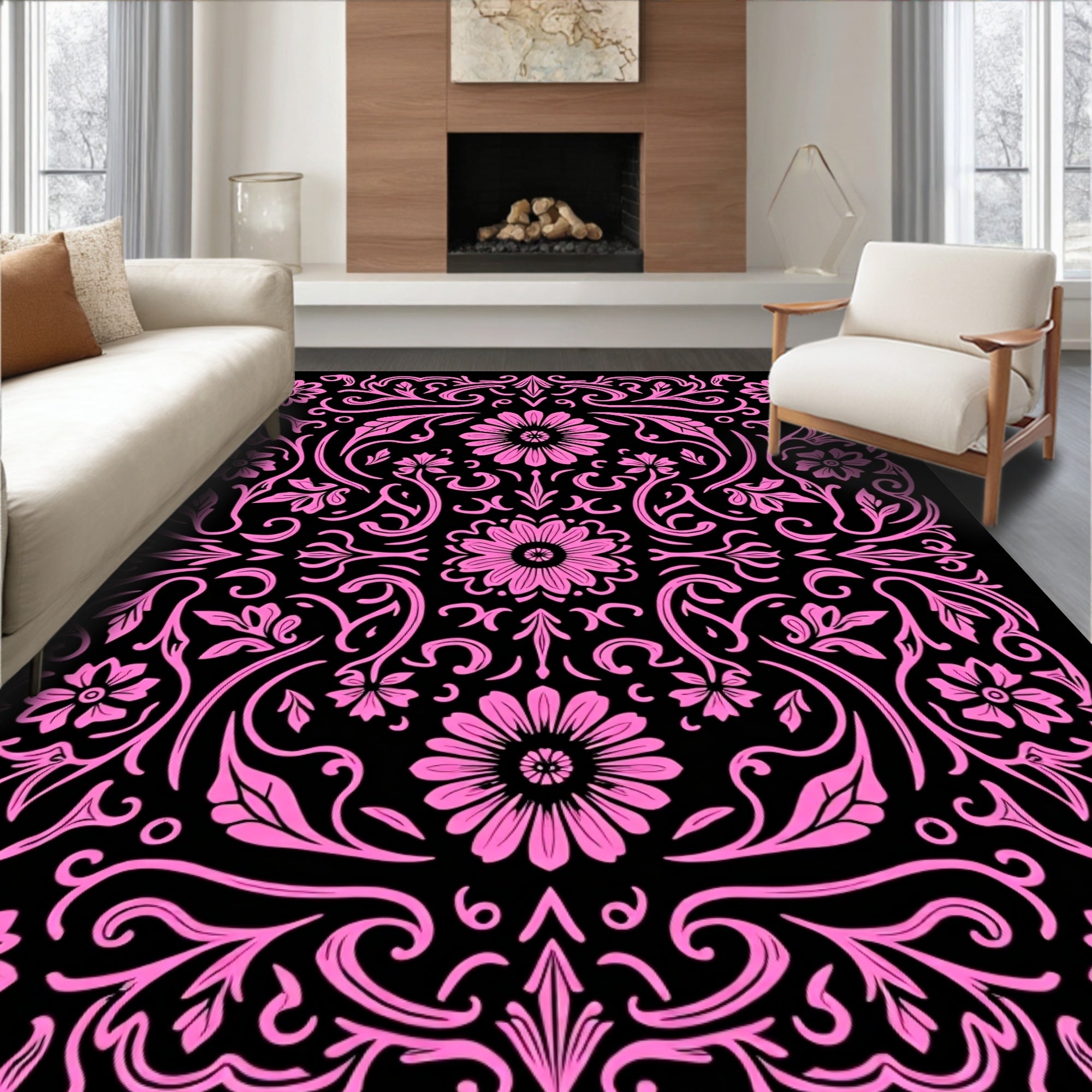 Vibrant Pink Floral Swirls Rug