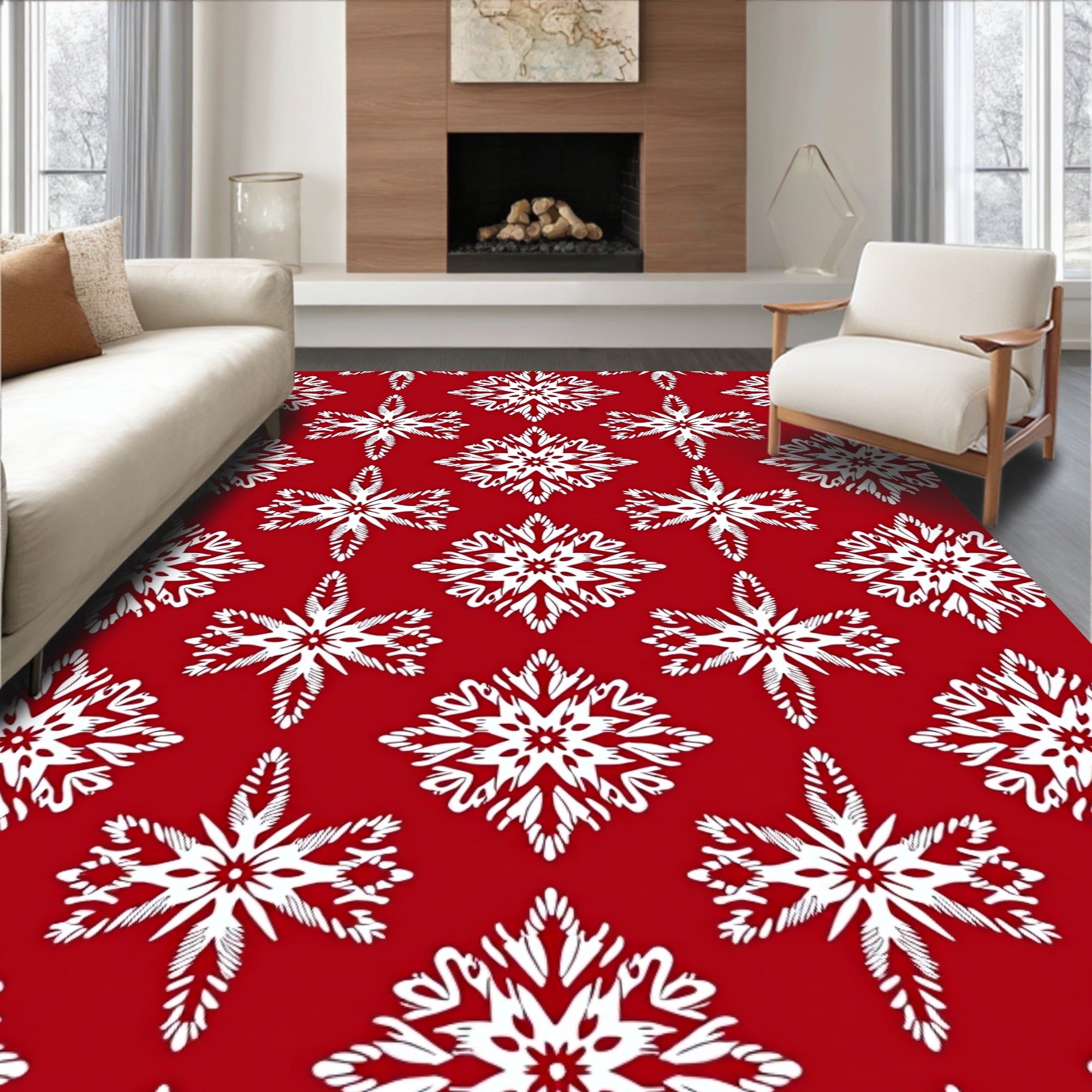 White Festive Snowflake Red Background Rug