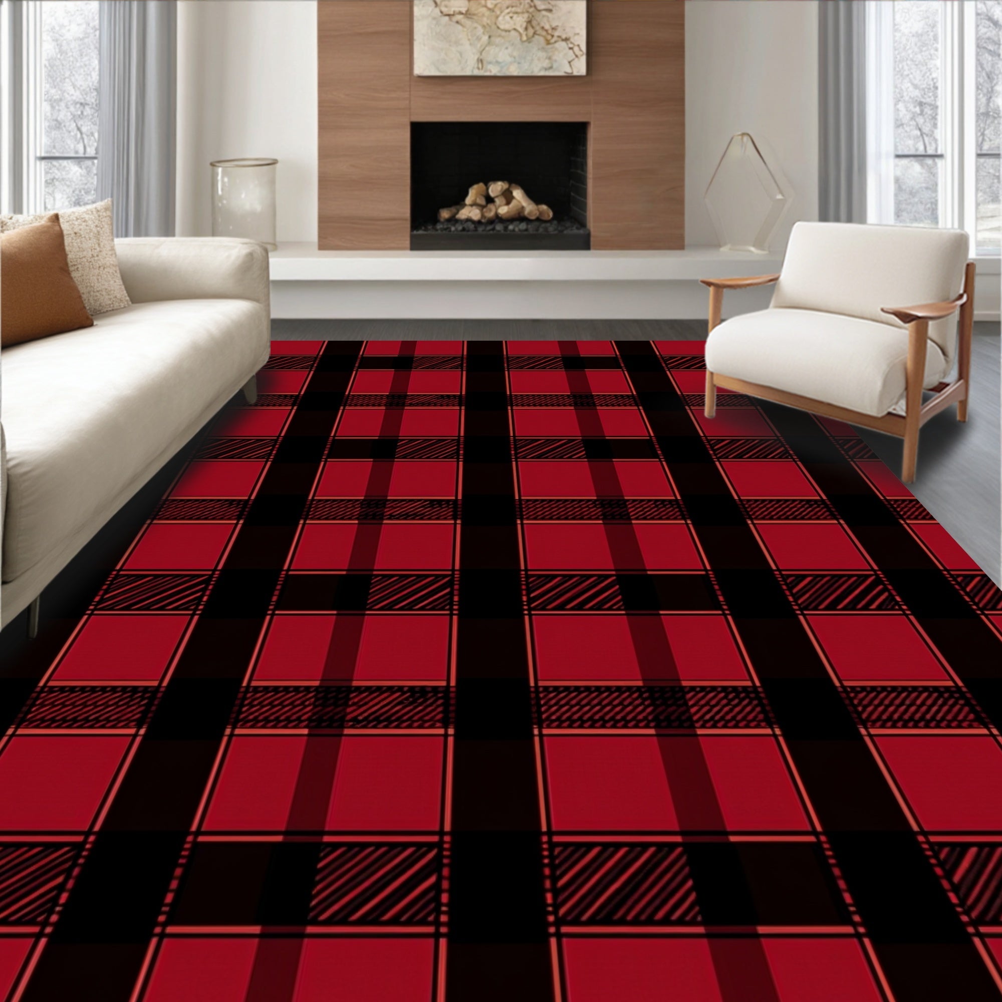 Classic Red Black Plaid Tartan Rug