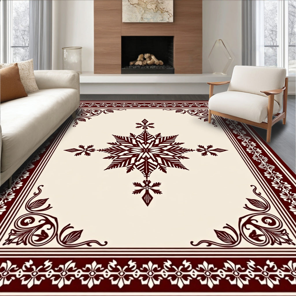 Maroon and Cream Ornamental Snowflake Rug