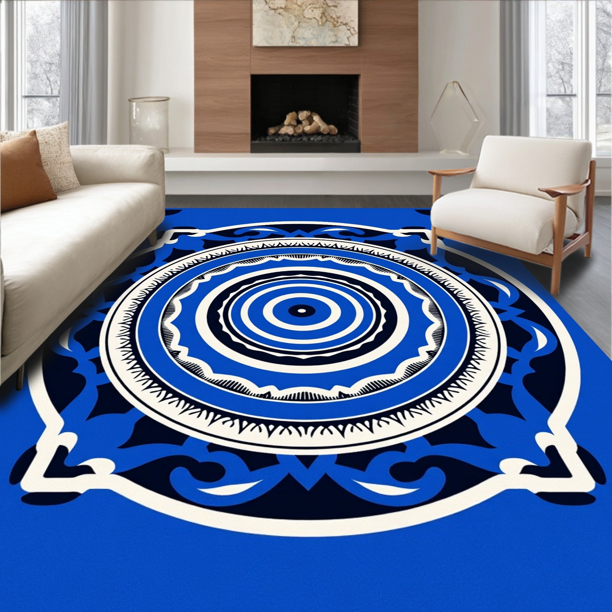 Vibrant Blue Concentric Mandala Rug