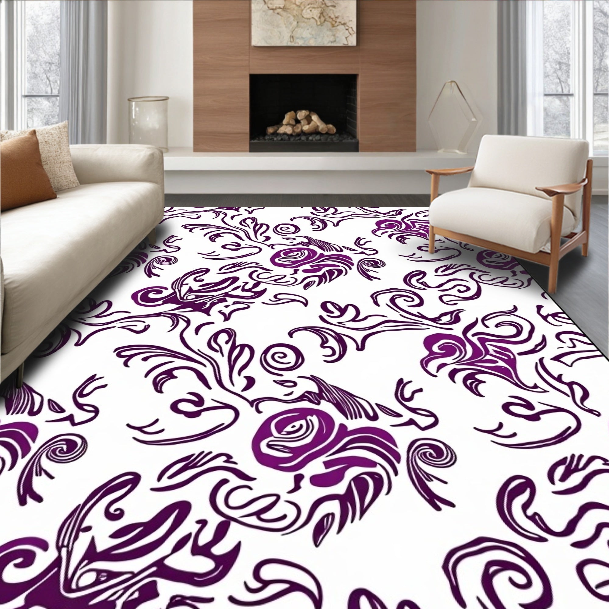 Rich Plum Floral Swirl Contemporary Rug