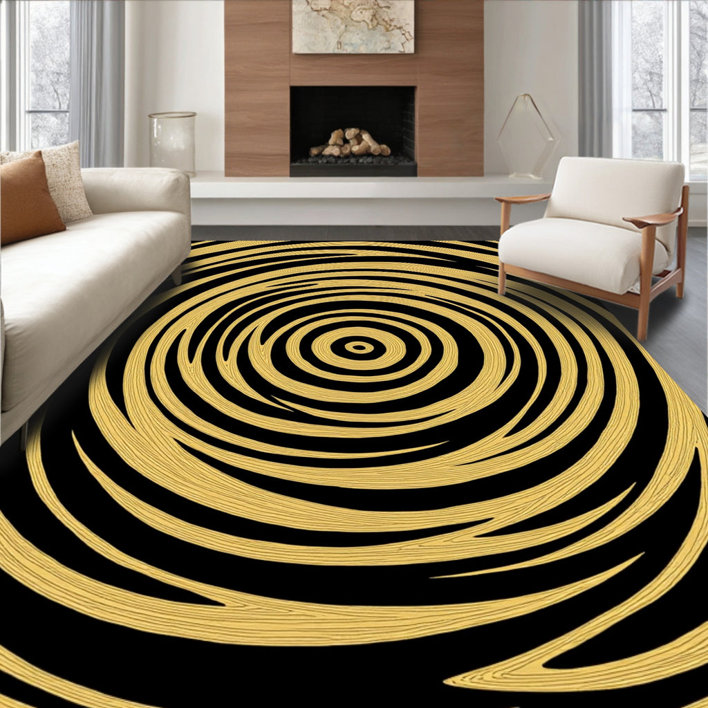 Golden Black Swirling Concentric Rings Rug