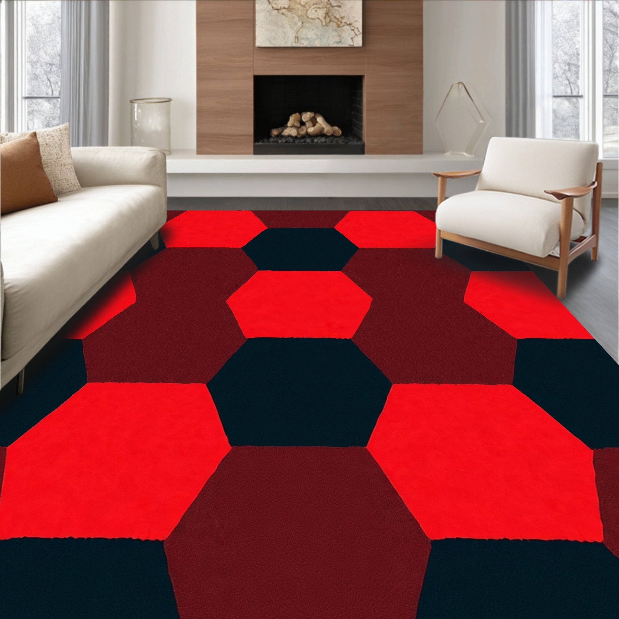 Bold Red Hexagonal Graphic Rug