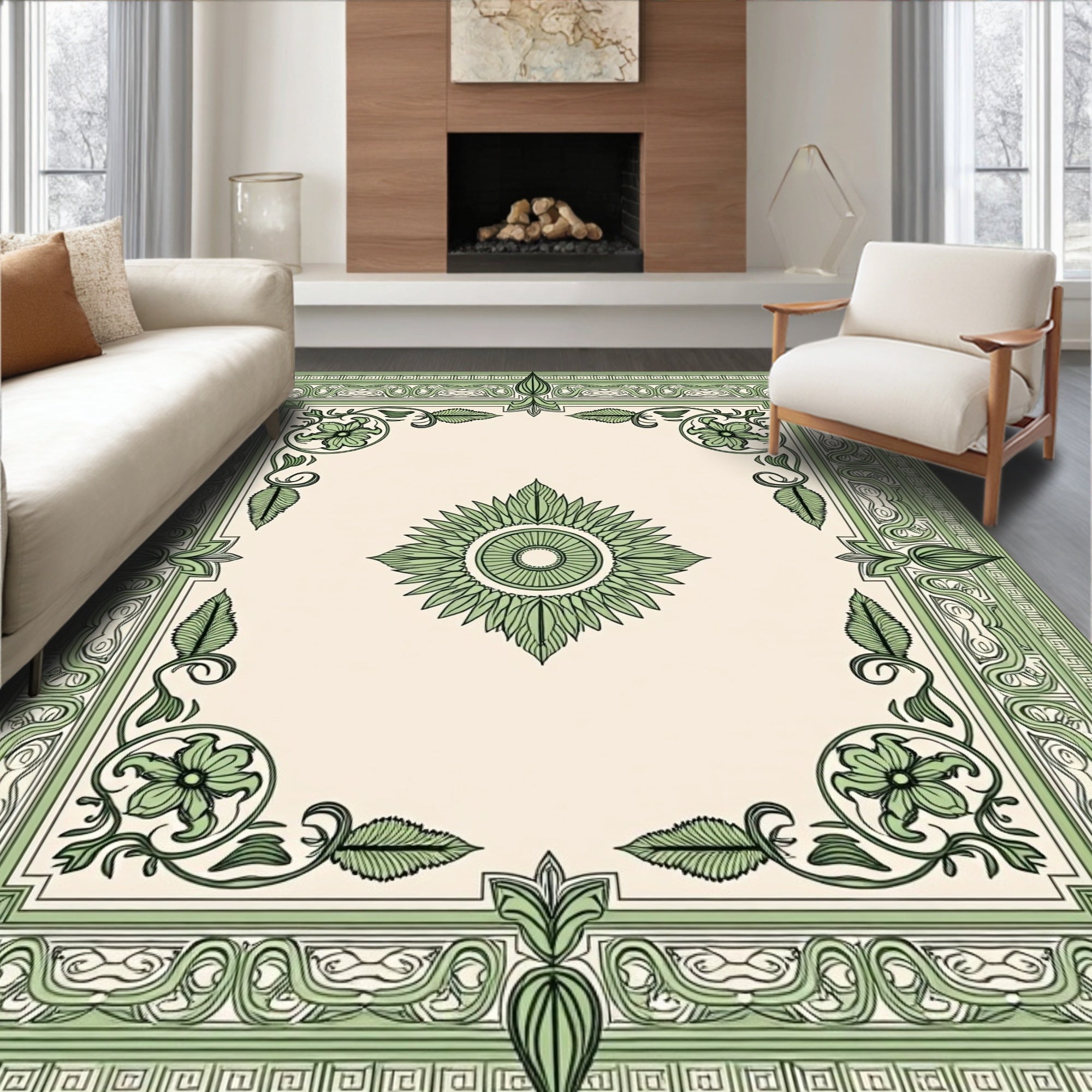 Sage Green Floral Medallion Border Rug