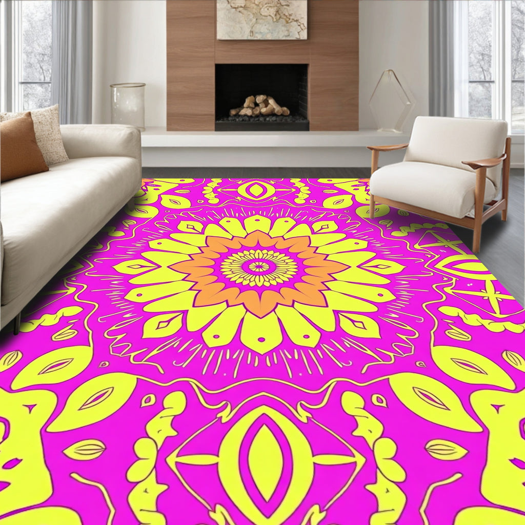 Vibrant Pink Yellow Floral Mandala Rug
