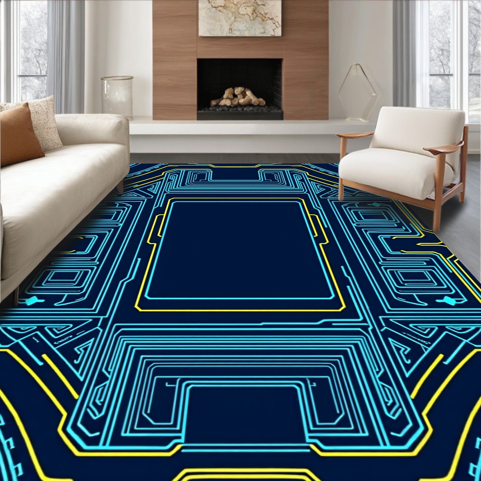 Cybernetic Blue Yellow Circuit Rug