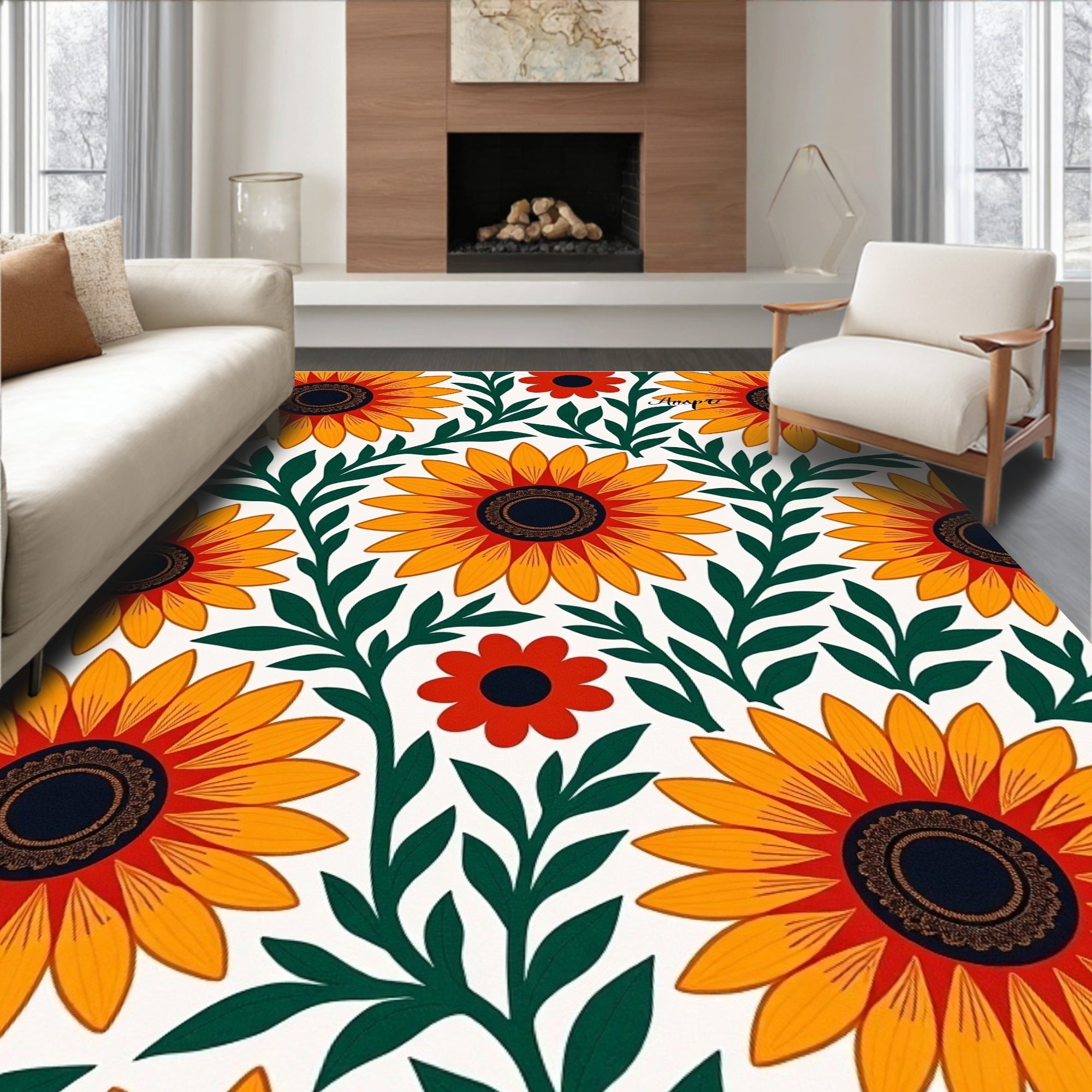 Vibrant Orange Sunflower Foliage Rug