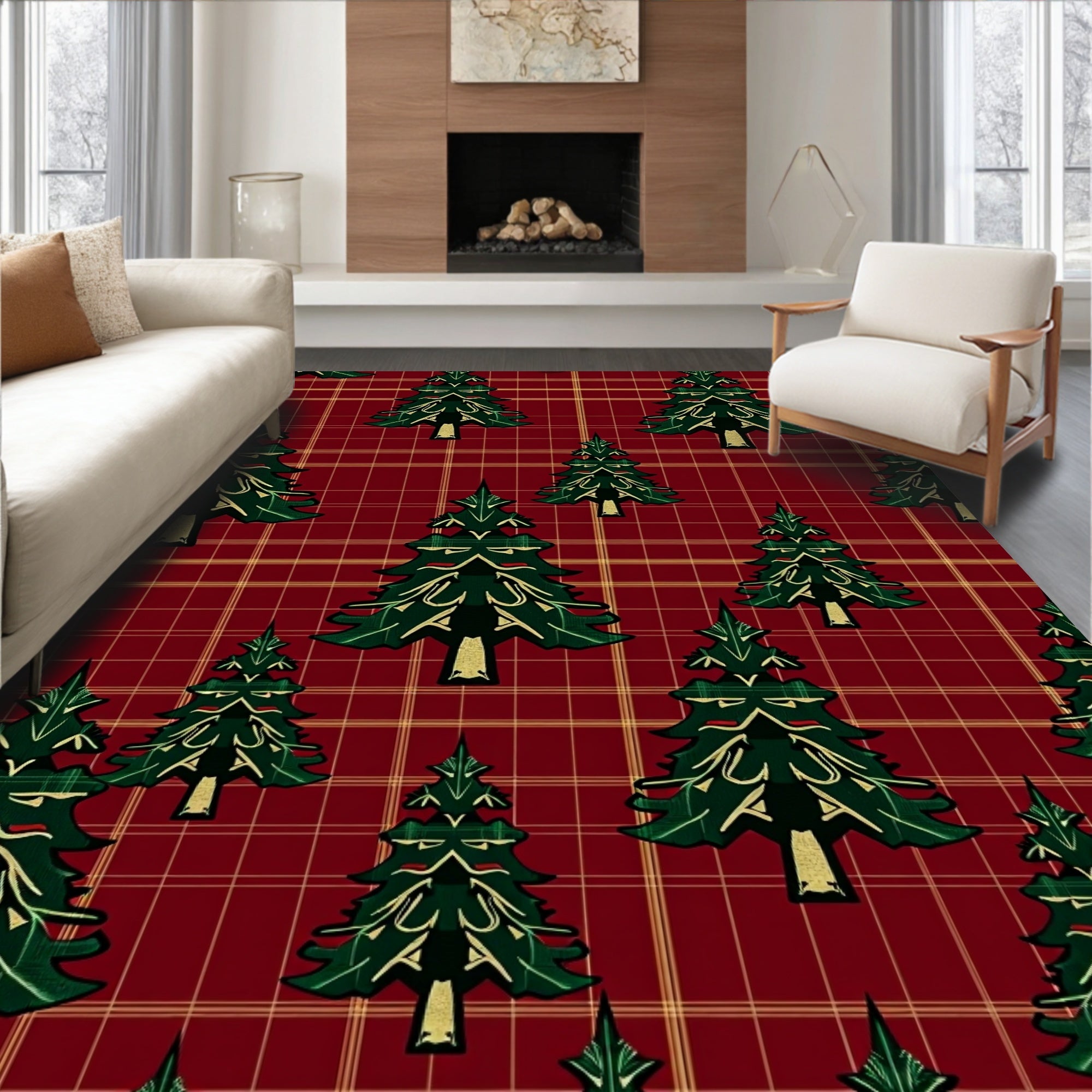 Crimson Tartan Evergreen Forest Rug