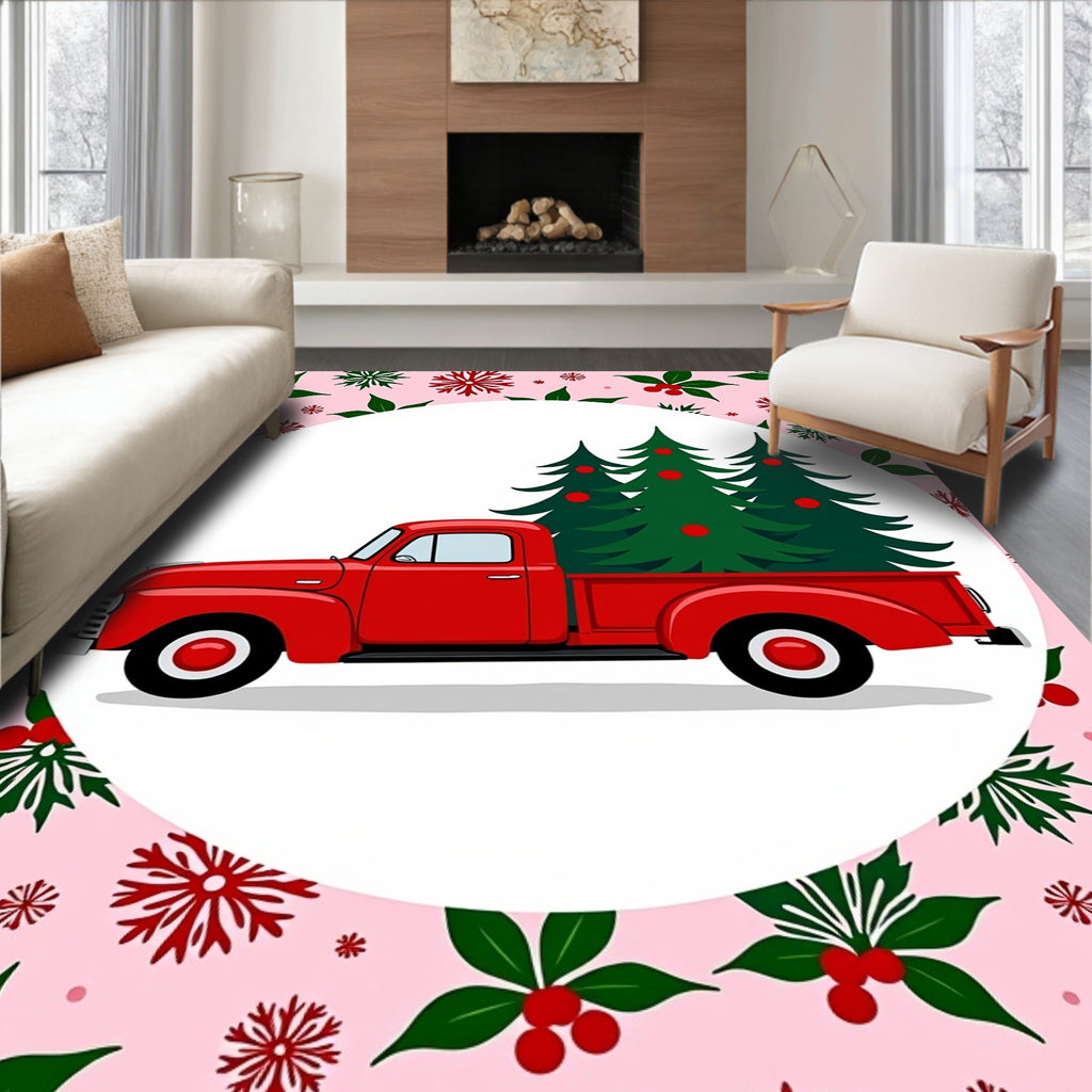 Red Vintage Truck Christmas Trees Rug