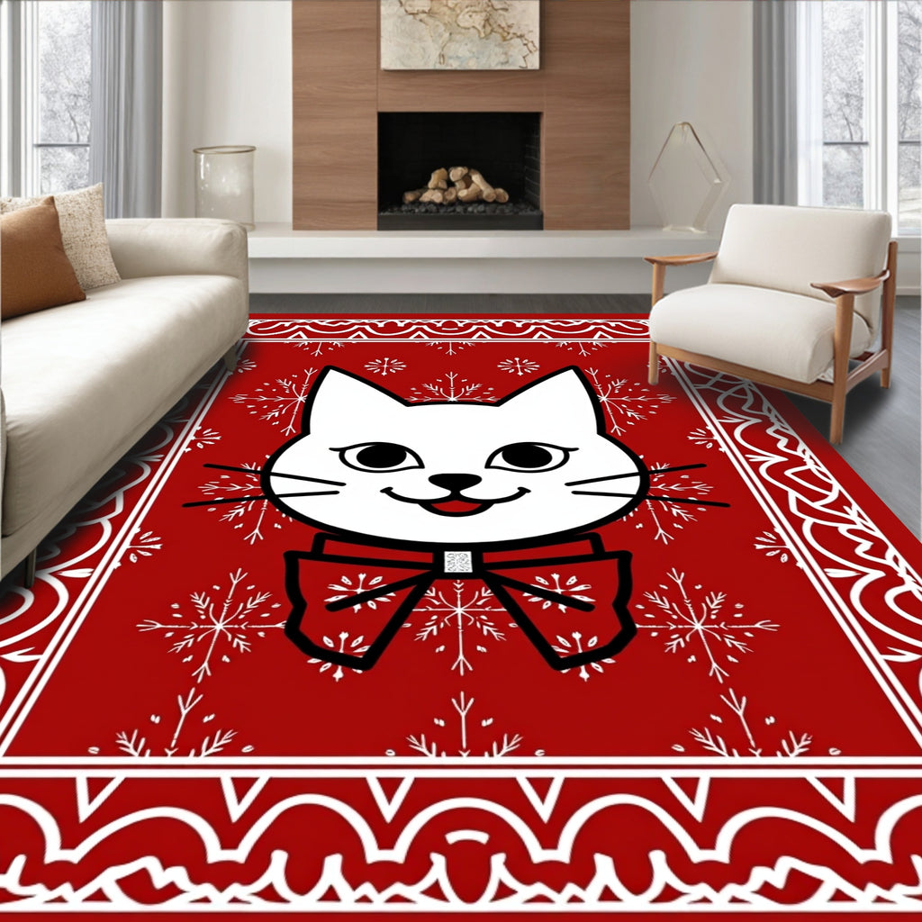 Red White Feline Snowflake Festive Rug