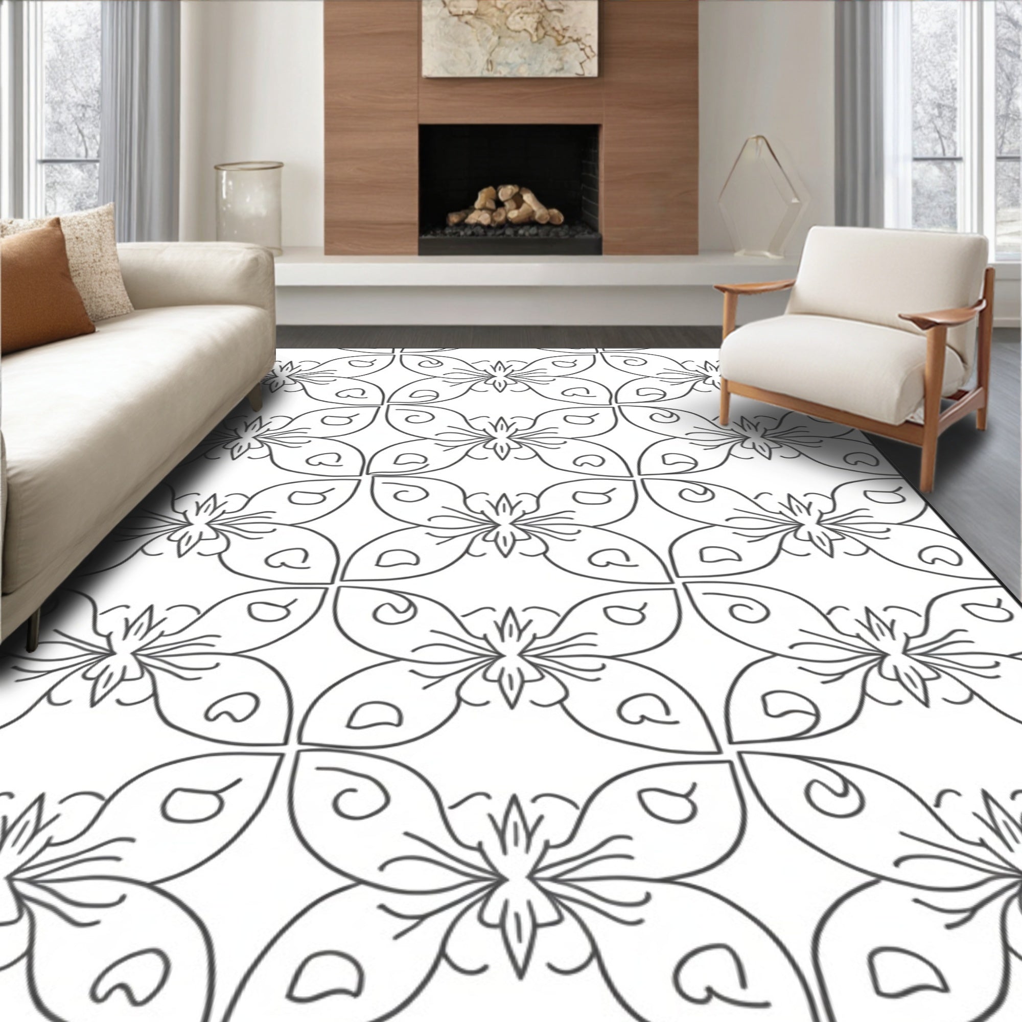 Black White Floral Butterfly Medallion Rug