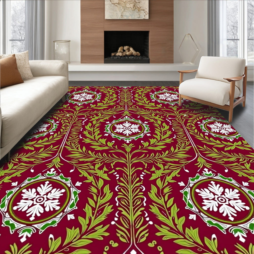 Crimson Green White Floral Vine Medallions Rug