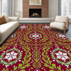 Crimson Green White Floral Vine Medallions Rug