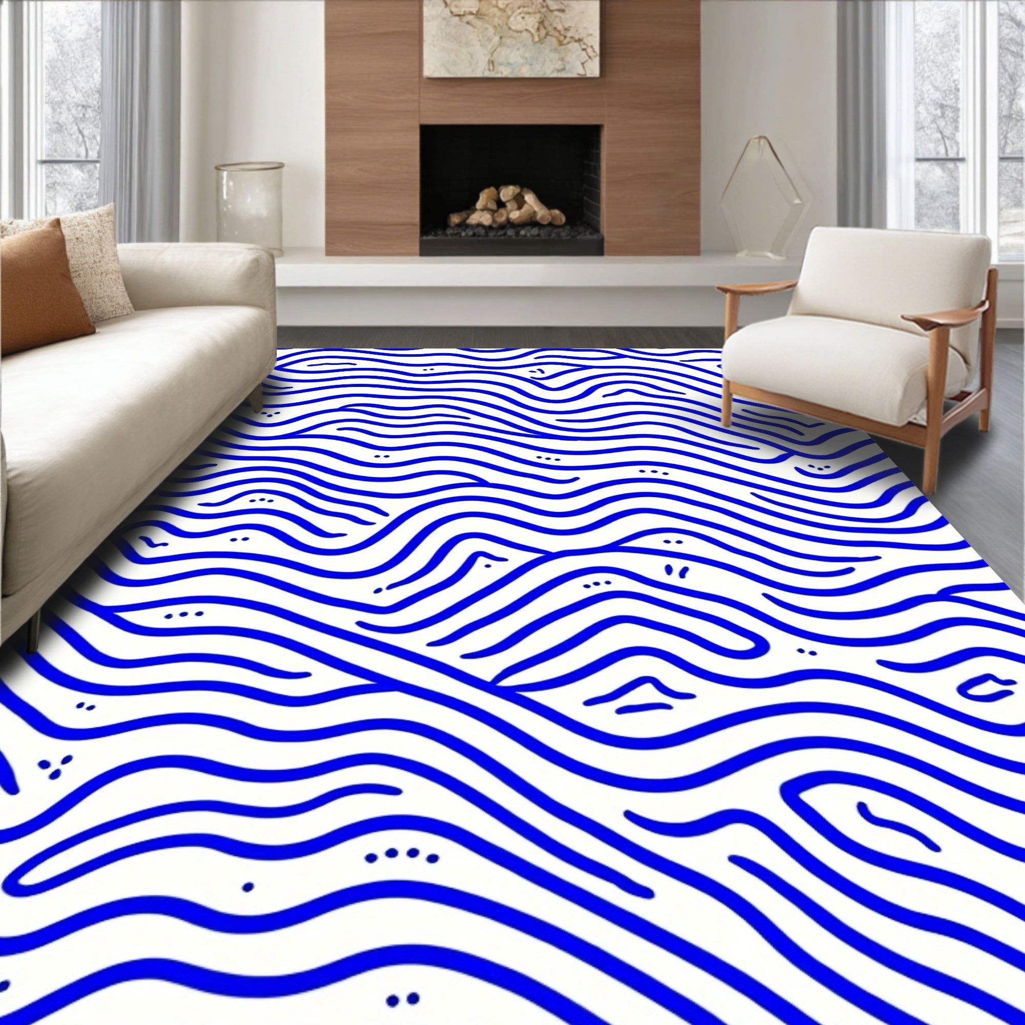 Deep Blue Wavy Organic Lines Rug