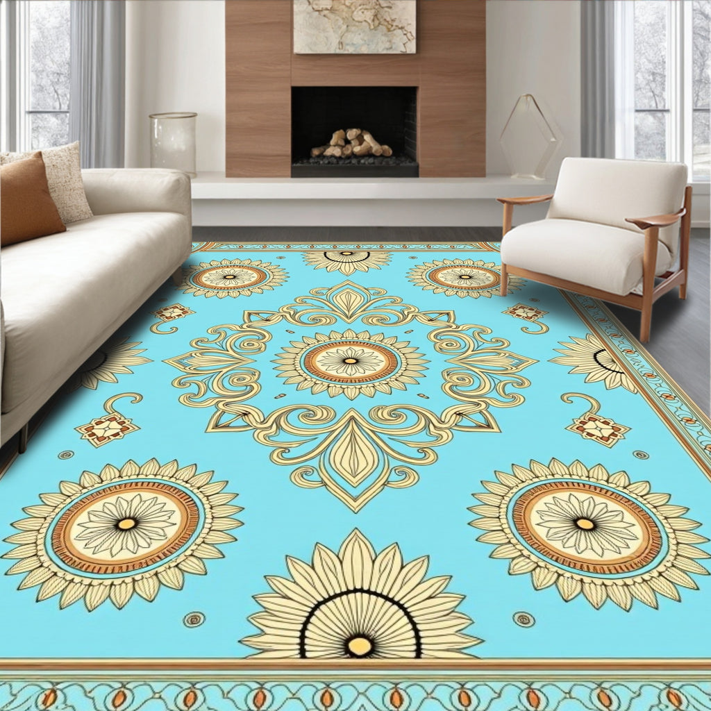 Turquoise Floral Medallion Border Rug