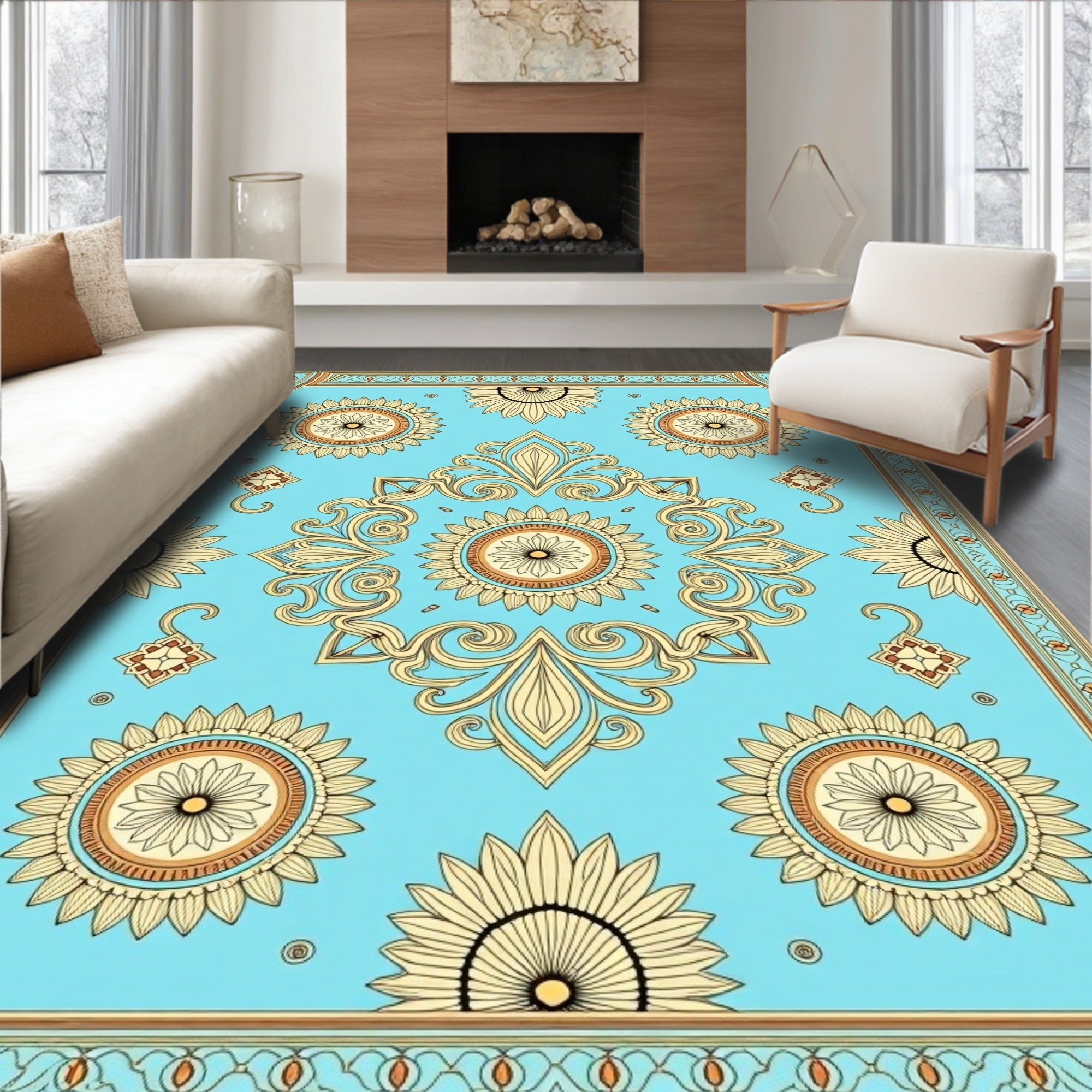 Turquoise Floral Medallion Border Rug