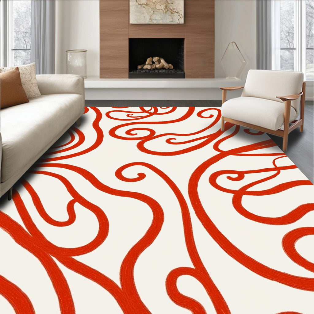 Red White Scroll Swirl Rug