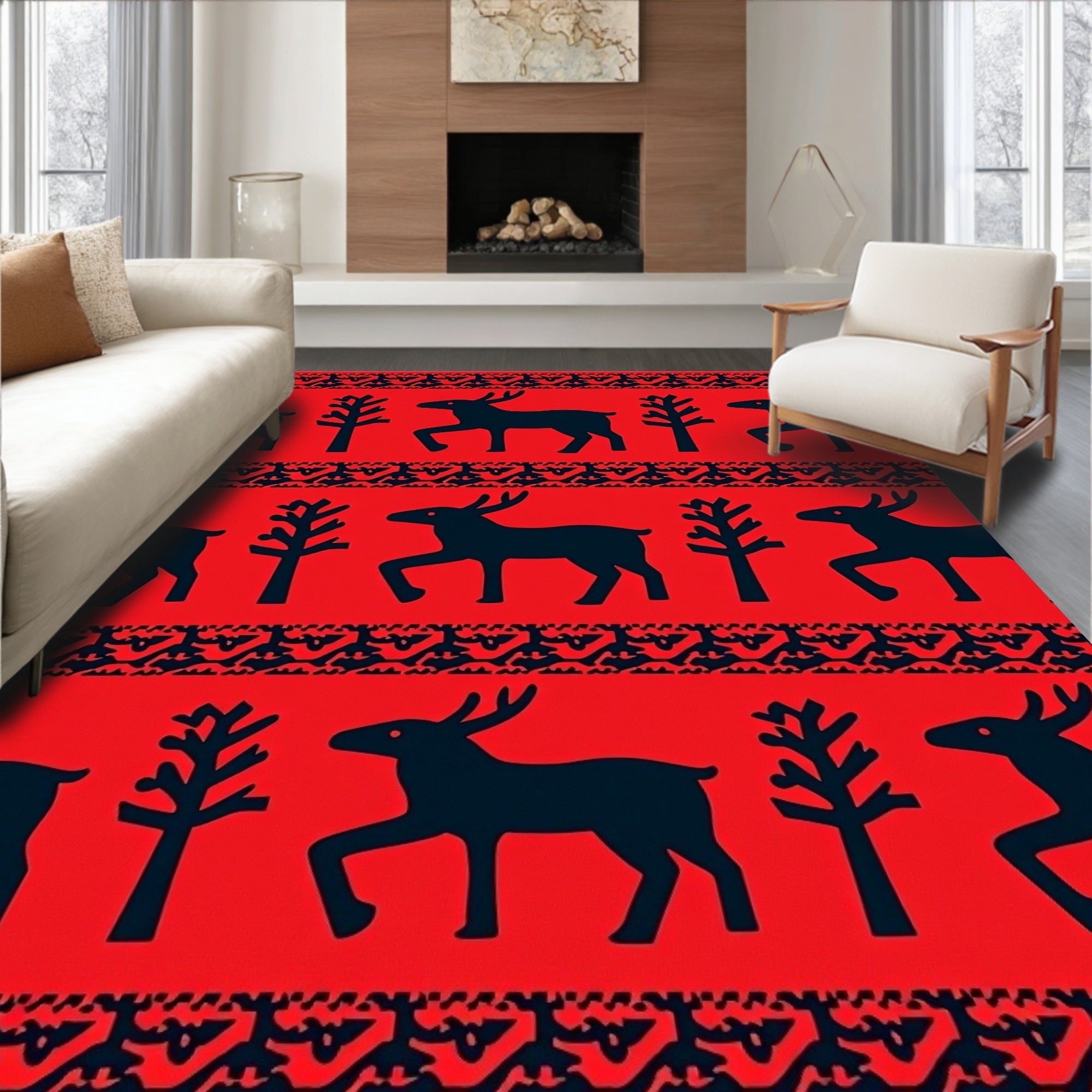 Red Forest Herd And Trees Rug