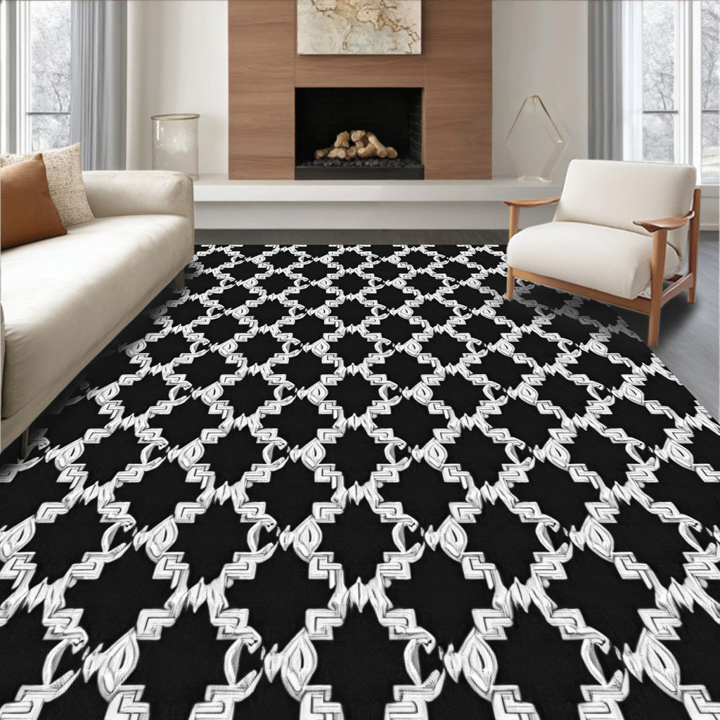 Black White Geometric Interlocking Shape Rug