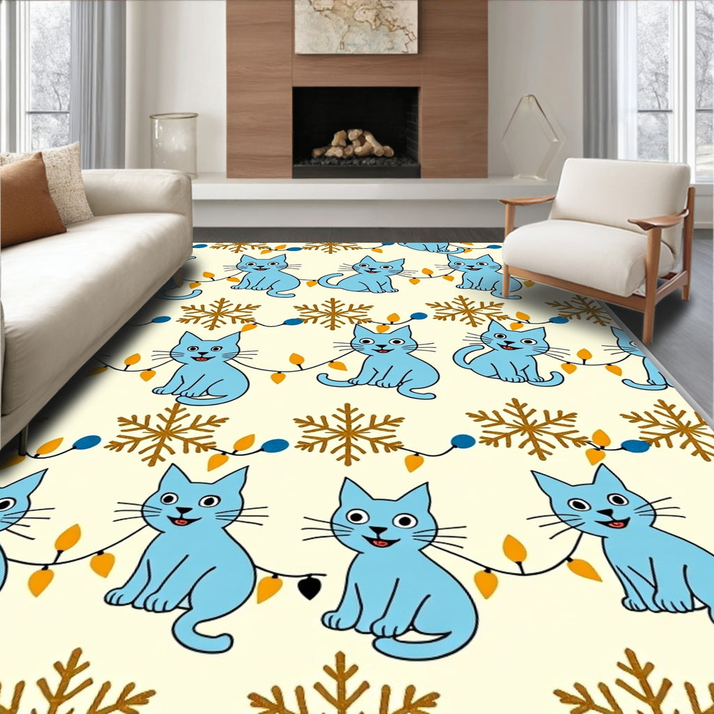 Blue Cat Festive Holiday Lights Snowflakes Rug