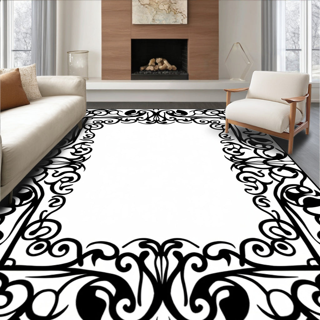 Black Ornate Scrollwork Rectangular Border Rug