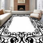 Black Ornate Scrollwork Rectangular Border Rug