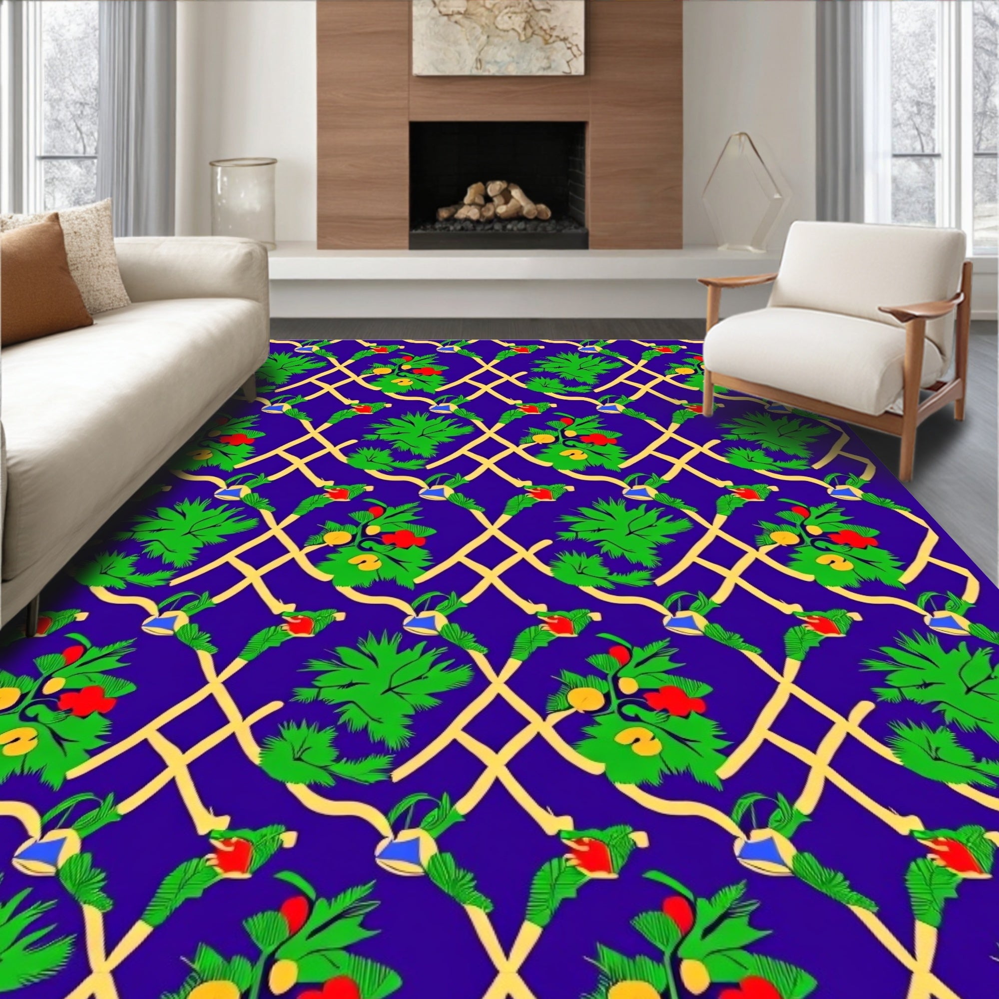 Indigo Lattice Green Fruit Garland Rug