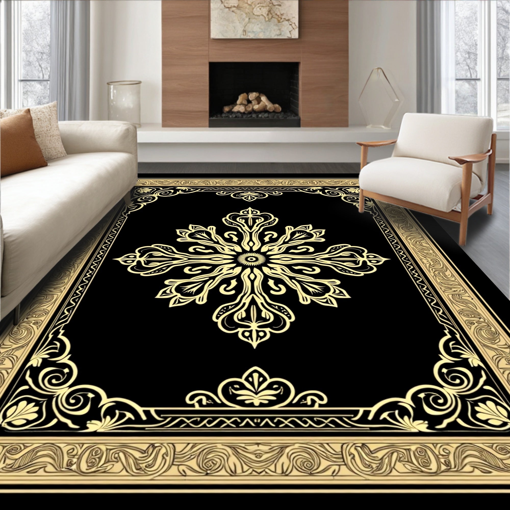 Exquisite Black Gold Floral Medallion Rug
