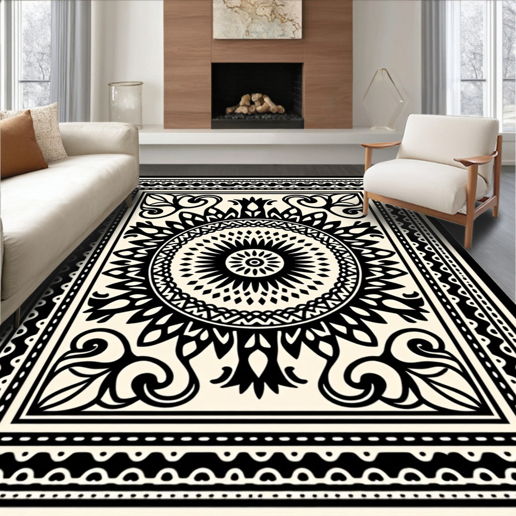 Black Cream Mandala Sunburst Border Rug