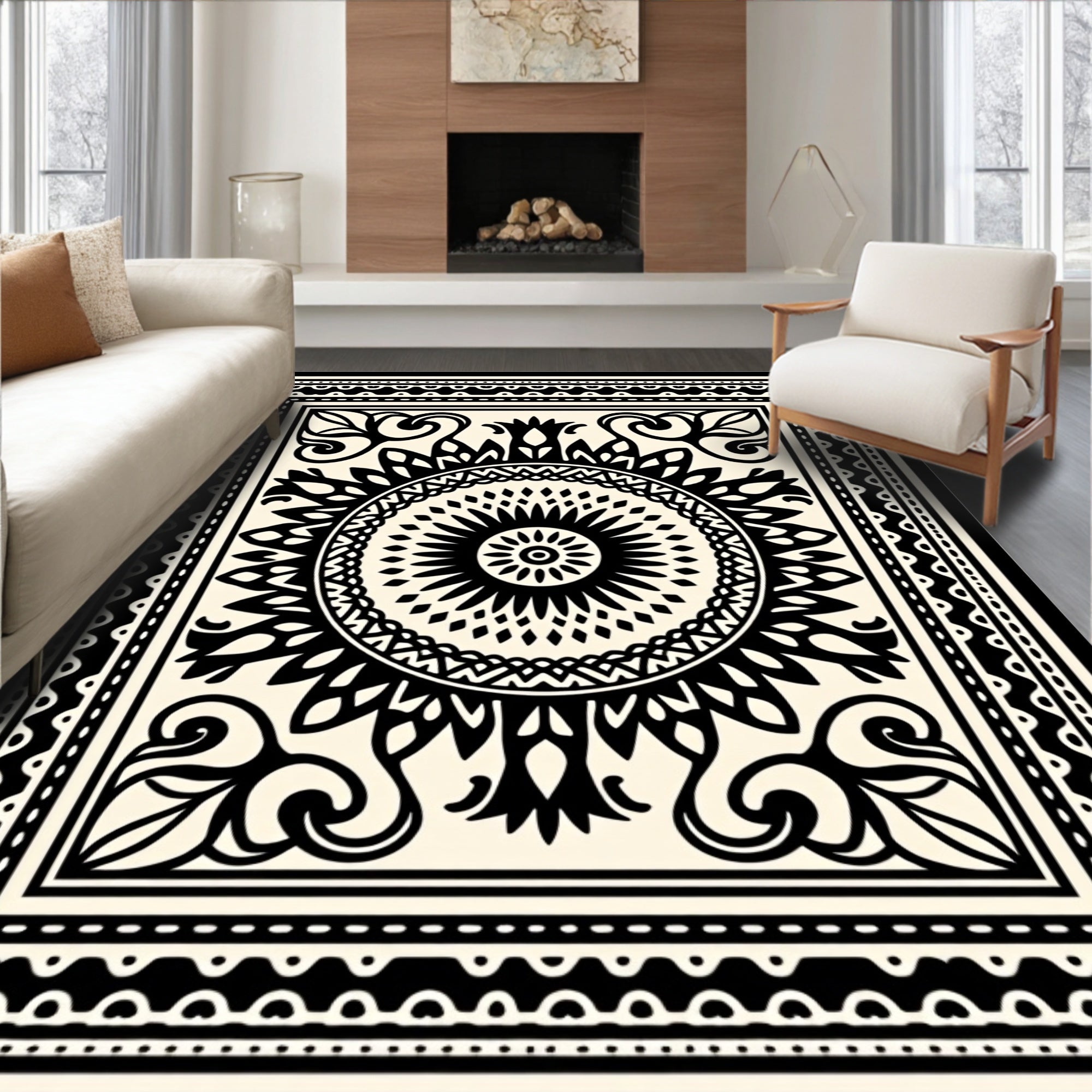 Black Cream Mandala Sunburst Border Rug