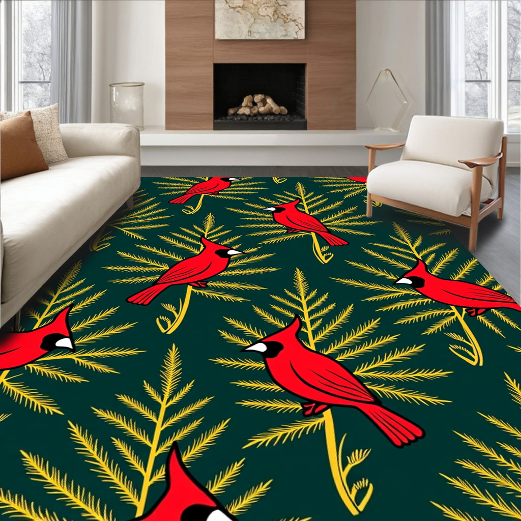 Red Cardinal Evergreen Branches Rug