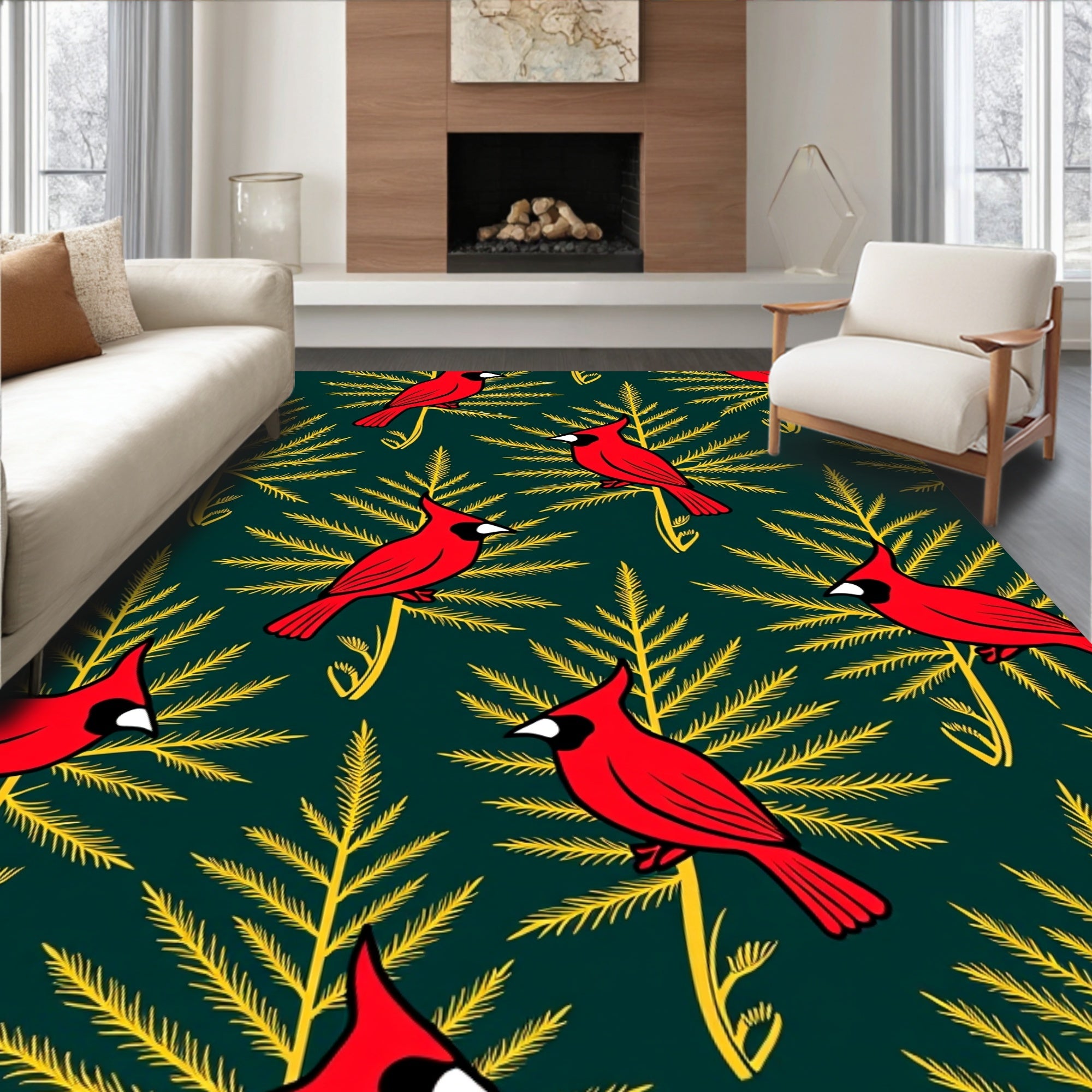 Red Cardinal Evergreen Branches Rug
