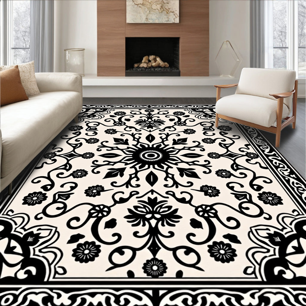 Black Cream Floral Medallion Border Rug