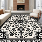 Black Cream Floral Medallion Border Rug