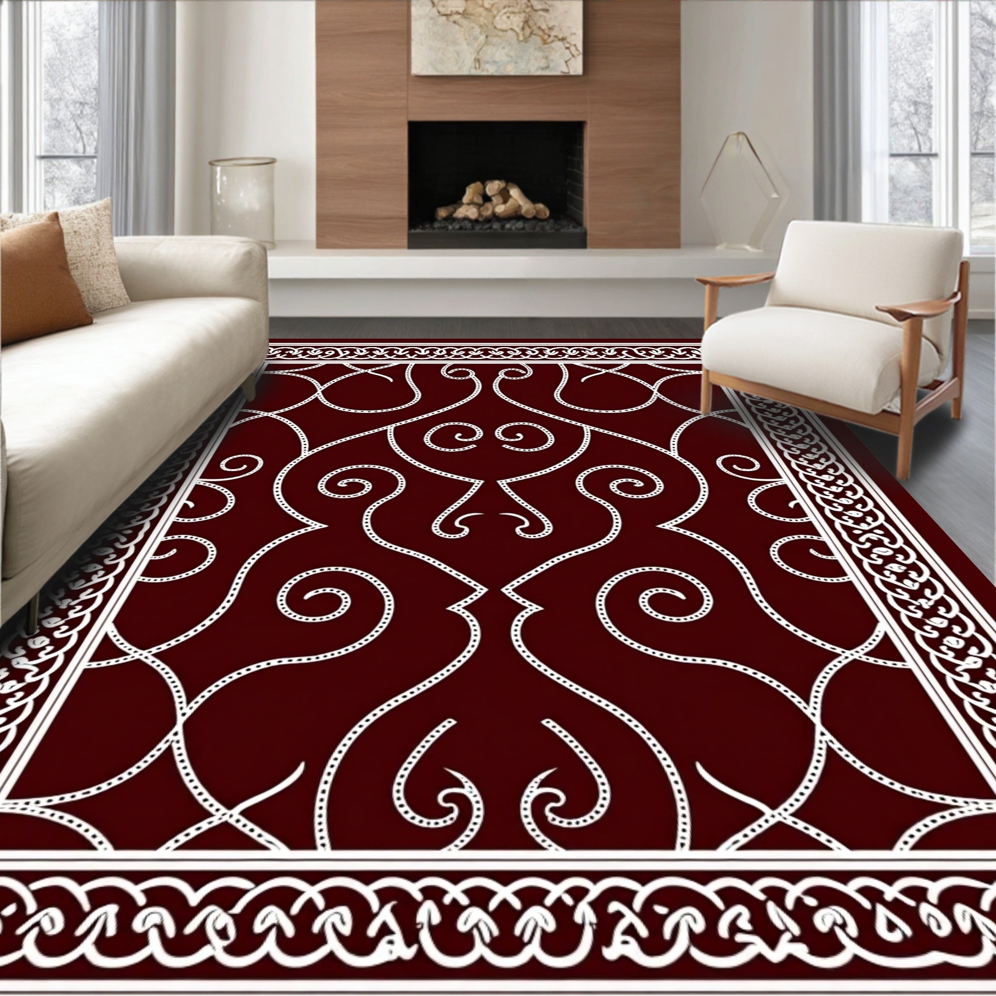 Deep Burgundy Ornate Scrollwork Medallion Rug