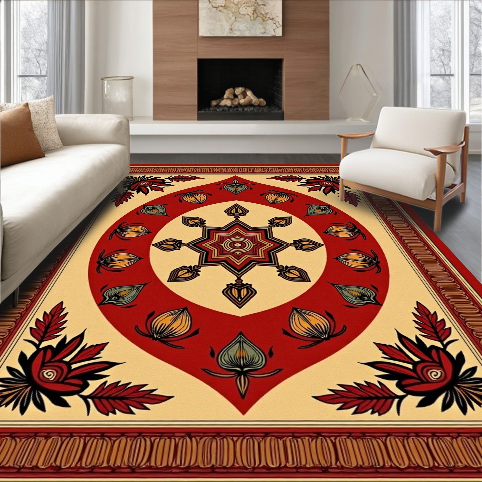 Crimson and Gold Floral Star Medallion Rug