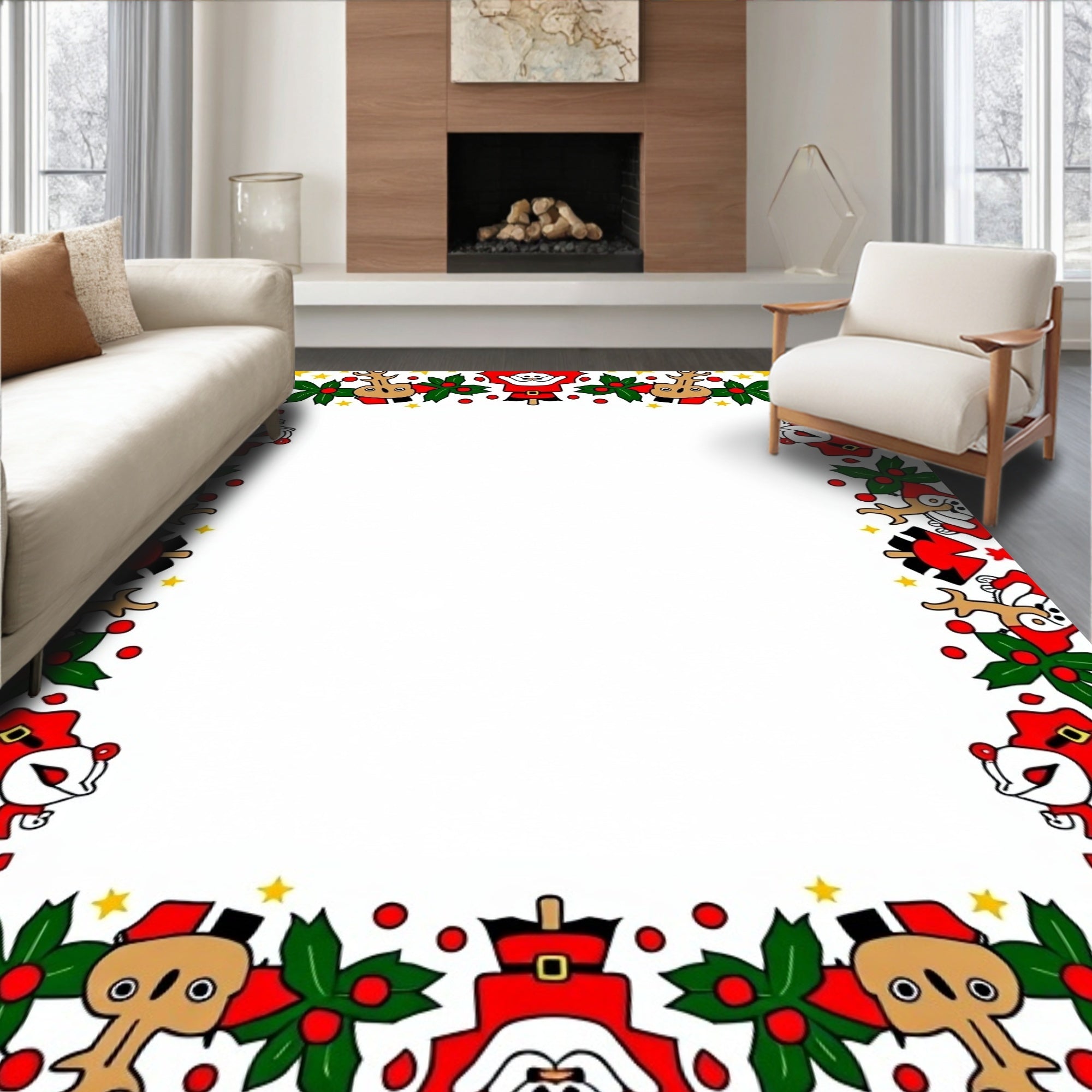 Cheerful Red Santa Reindeer Holly Border Rug