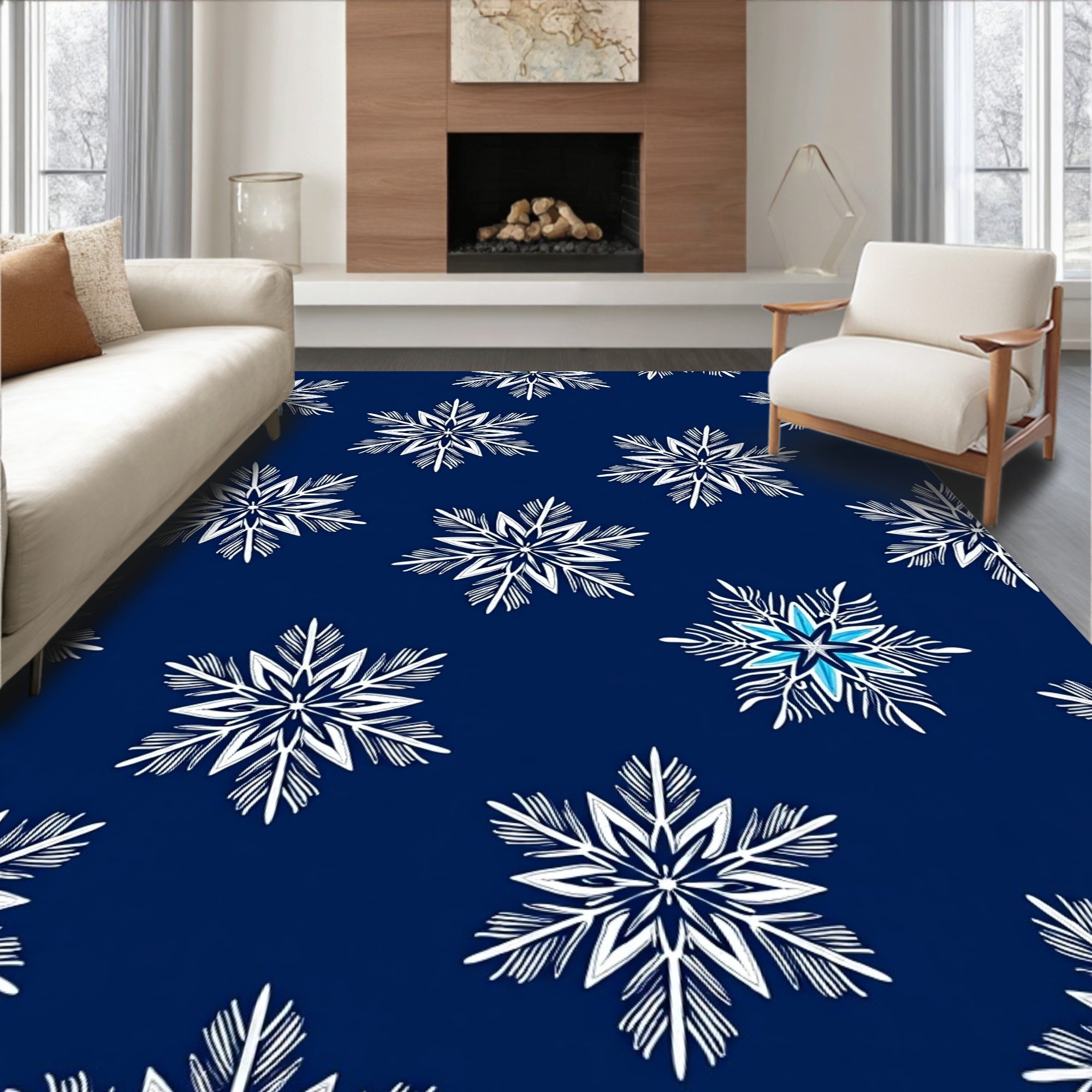 Winter White Snowflake Navy Background Rug