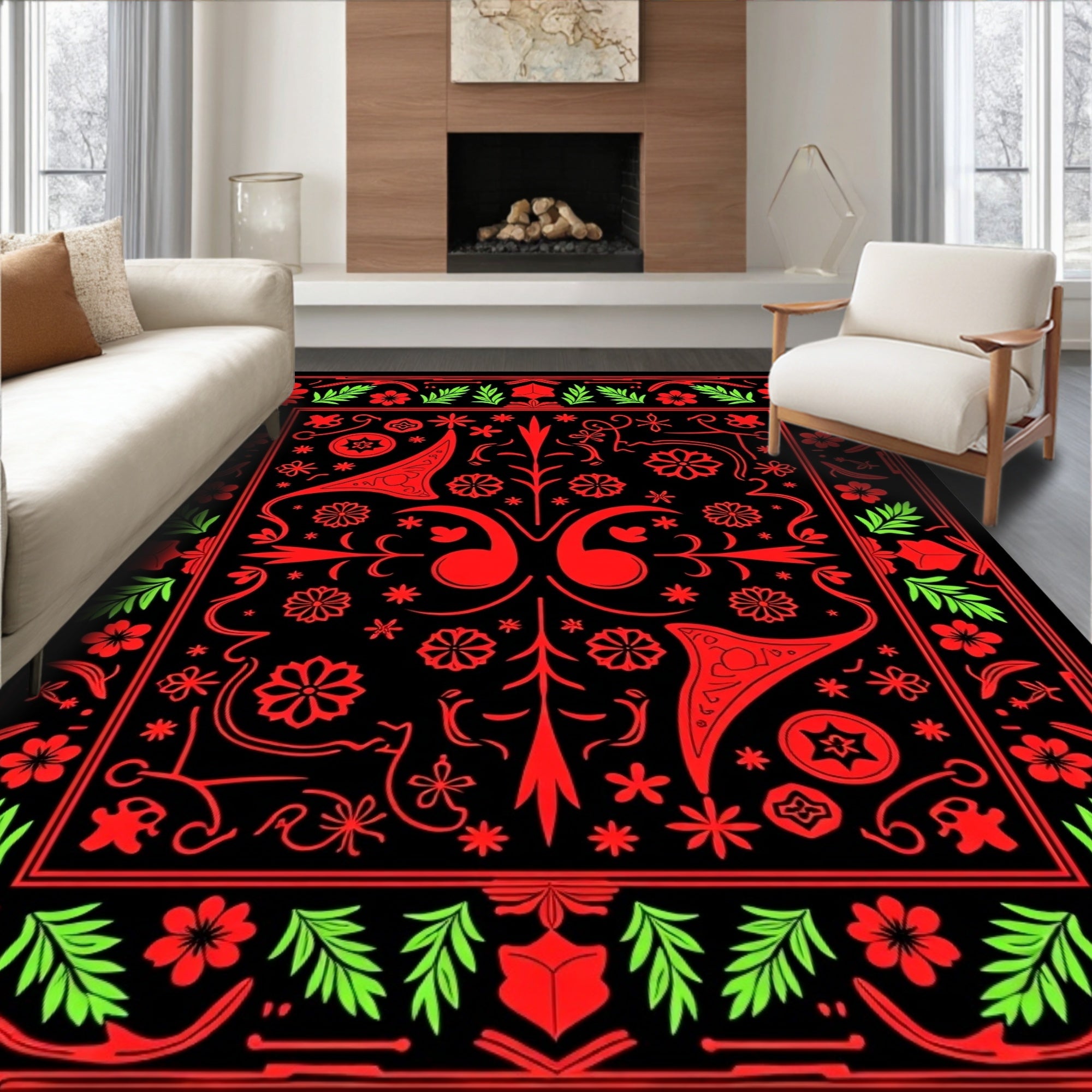 Bold Red Floral Folk Art Rug
