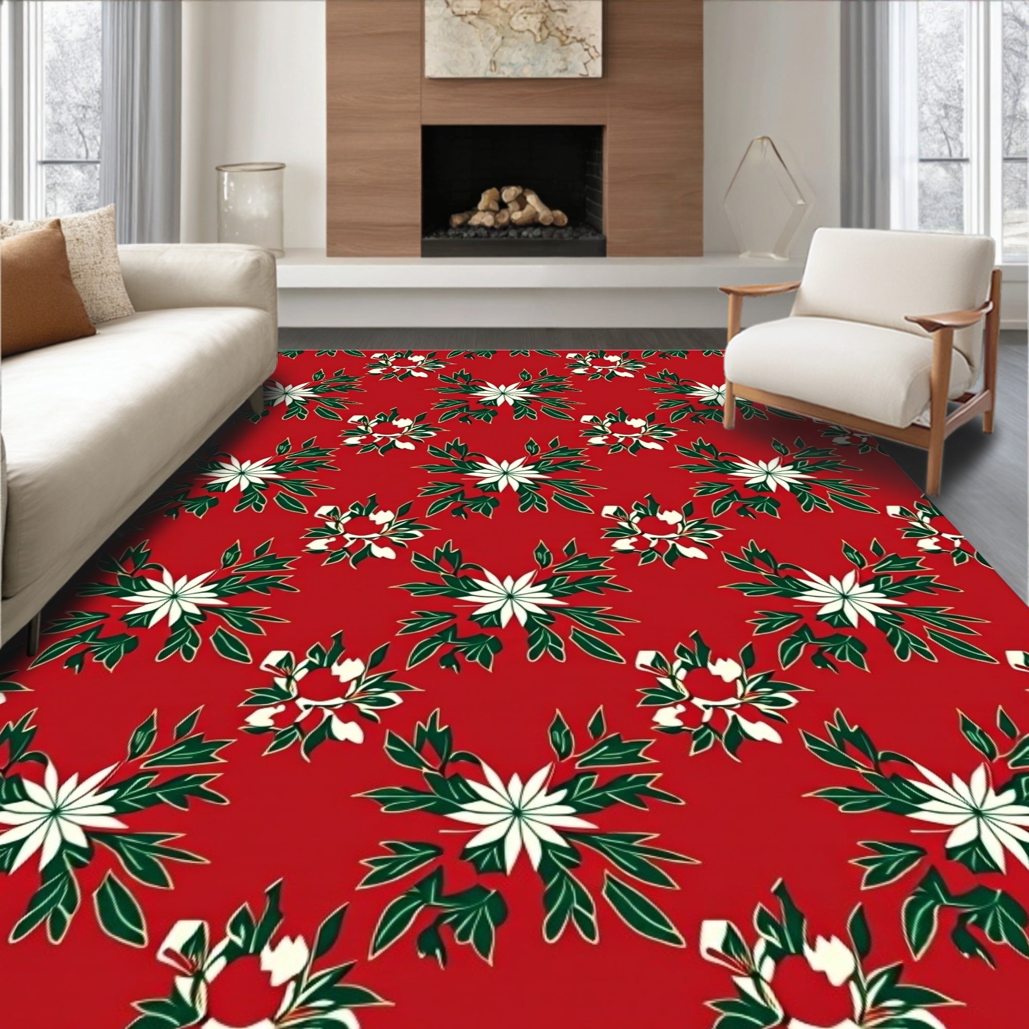 Red White Green Floral Starburst Rug