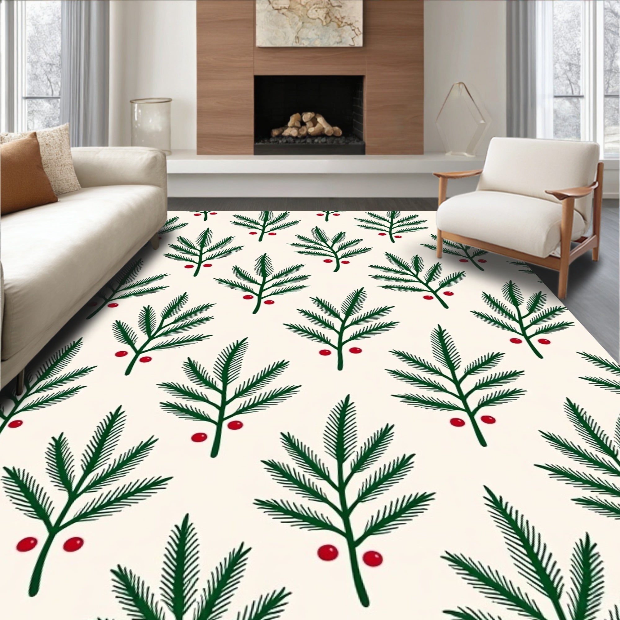 Green Pine Sprigs Red Berry Garland Rug