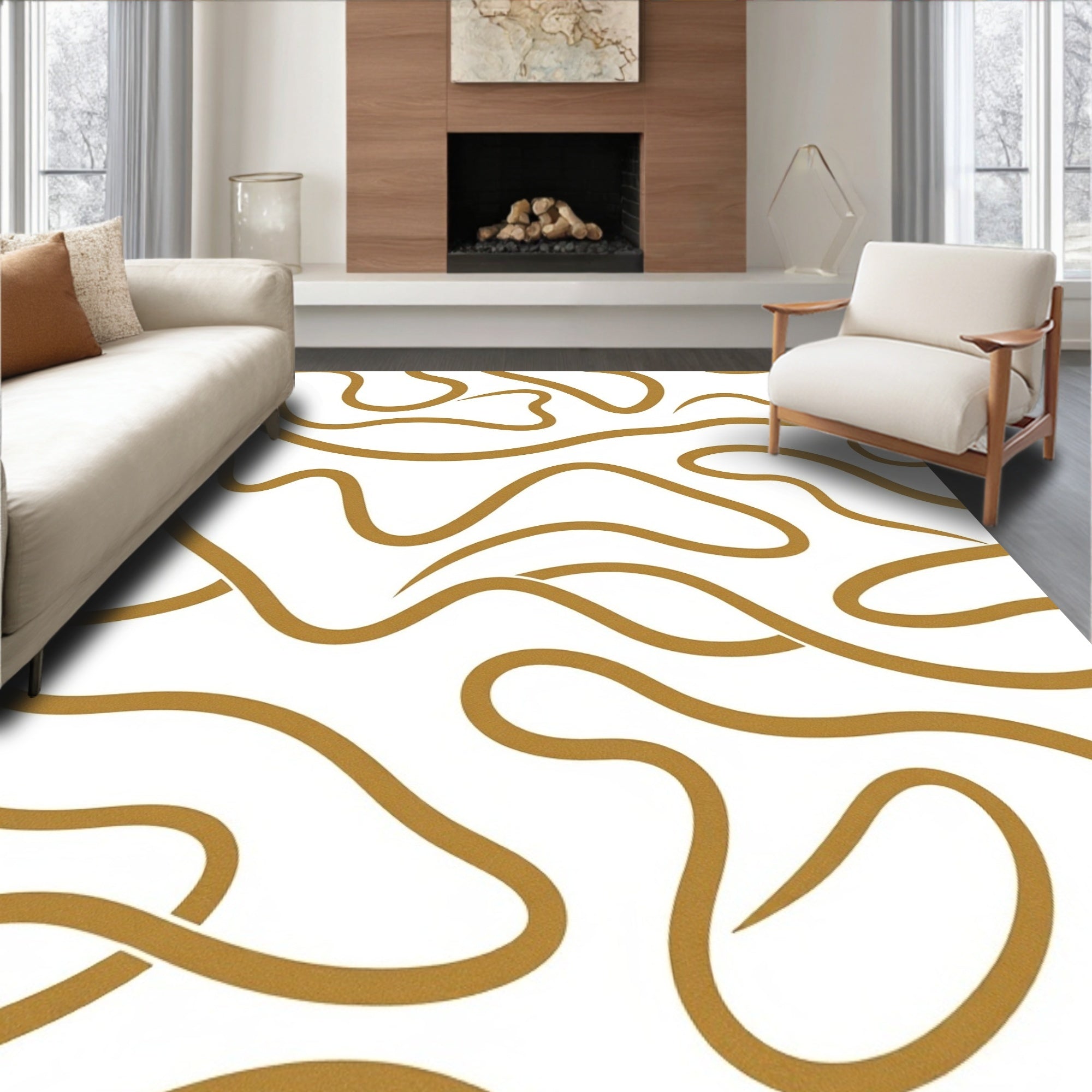 Golden Flowing Line Abstract Rug