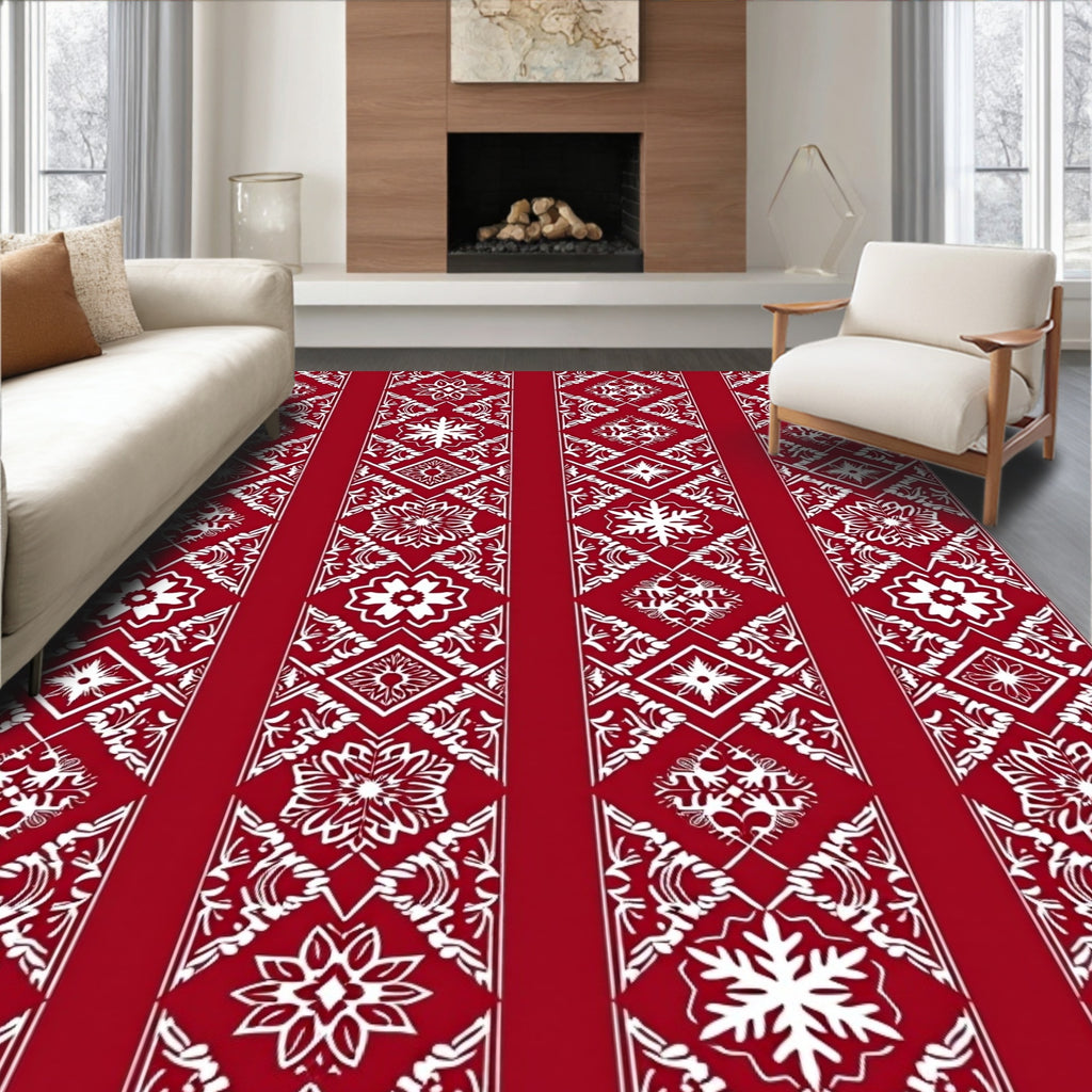 Red White Vintage Scroll Border Rug