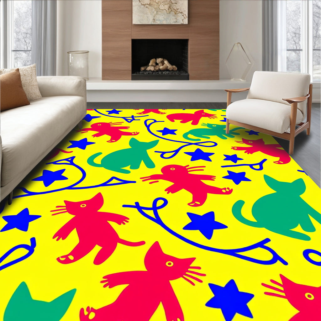 Whimsical Red Green Cat Star Rug