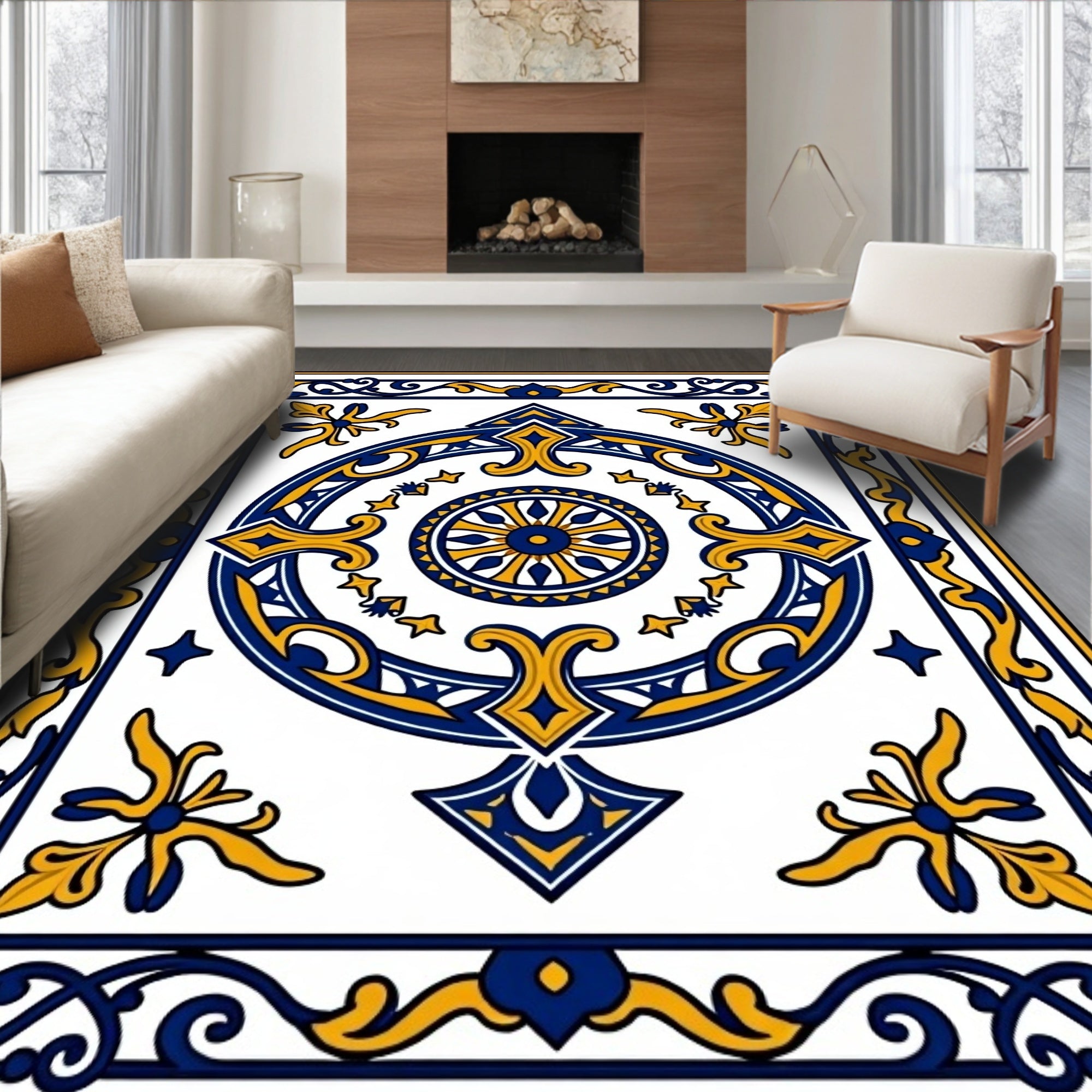 Royal Blue and Gold Medallion Arabesque Rug