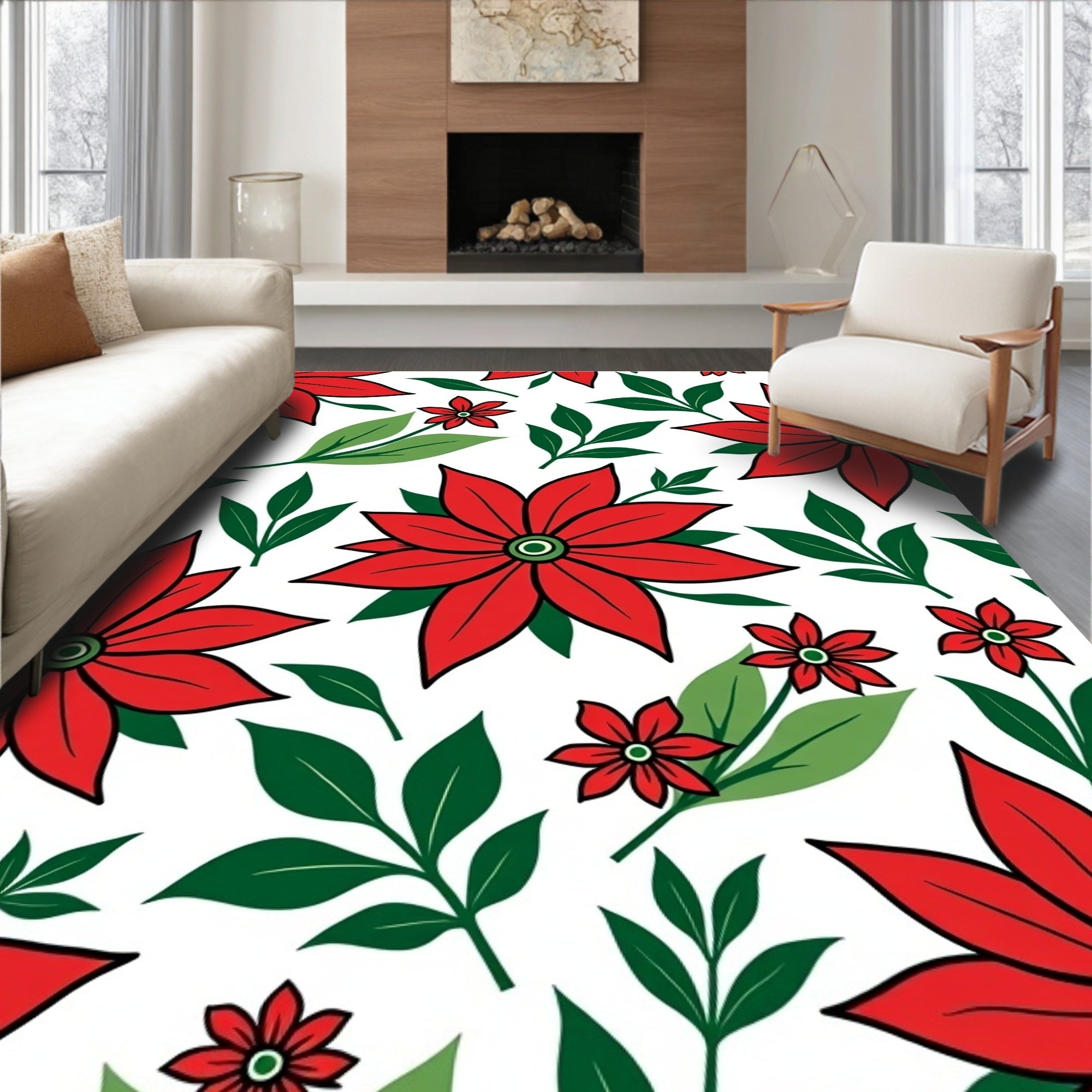 Vibrant Red Green Floral Bloom Rug