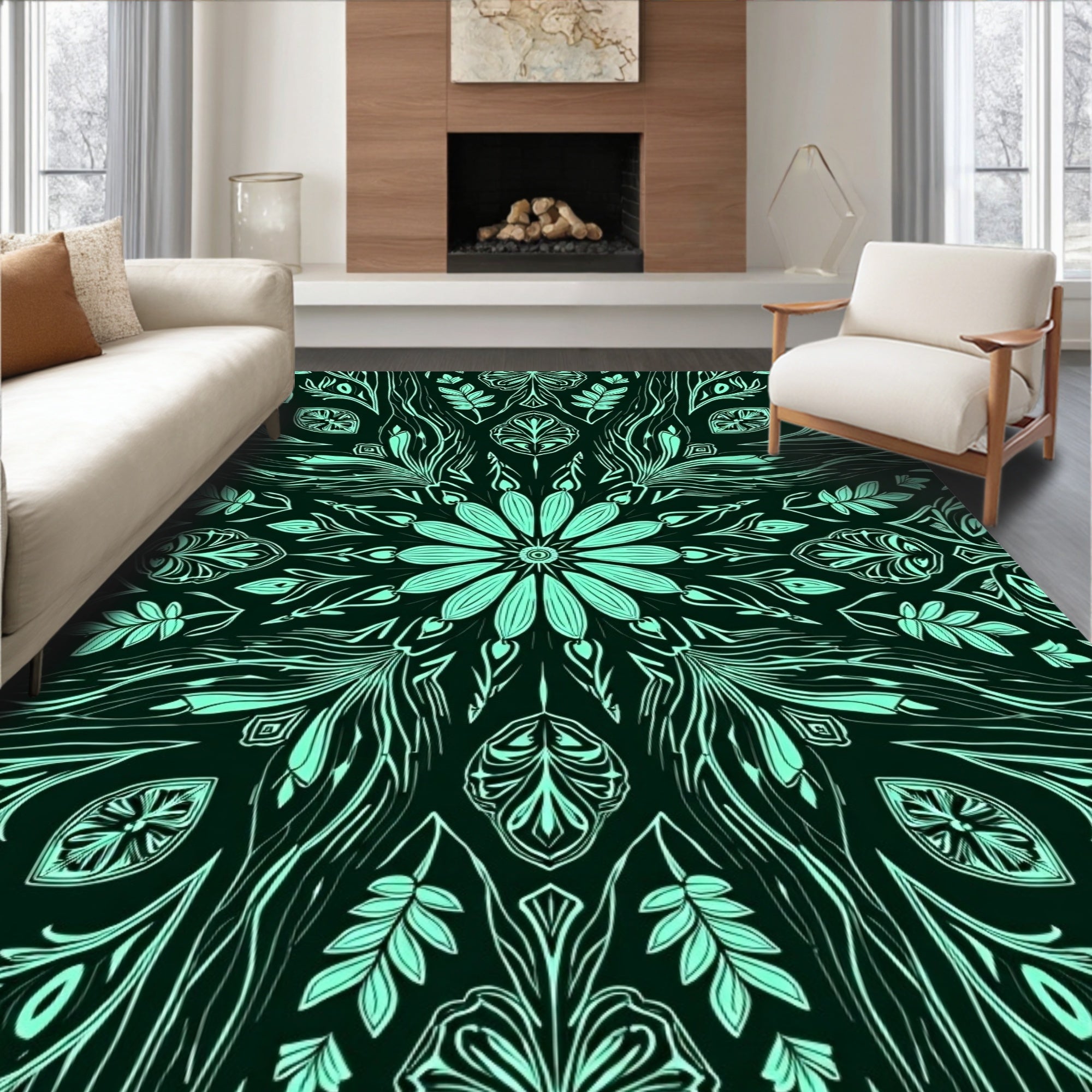 Mint Green Floral Mandala Botanical Rug